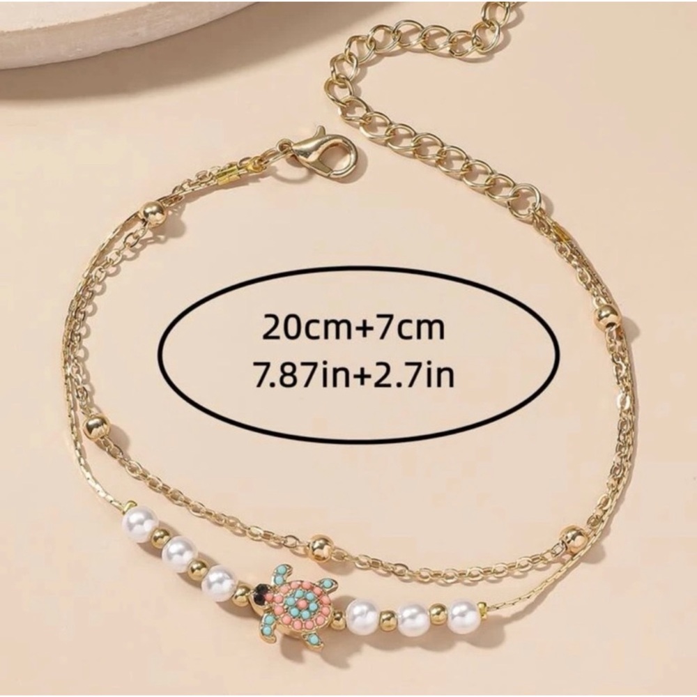 1 LEFT! Gold Layered Pearl And Turtle Ankle Bracelet - Picture 3 of 4